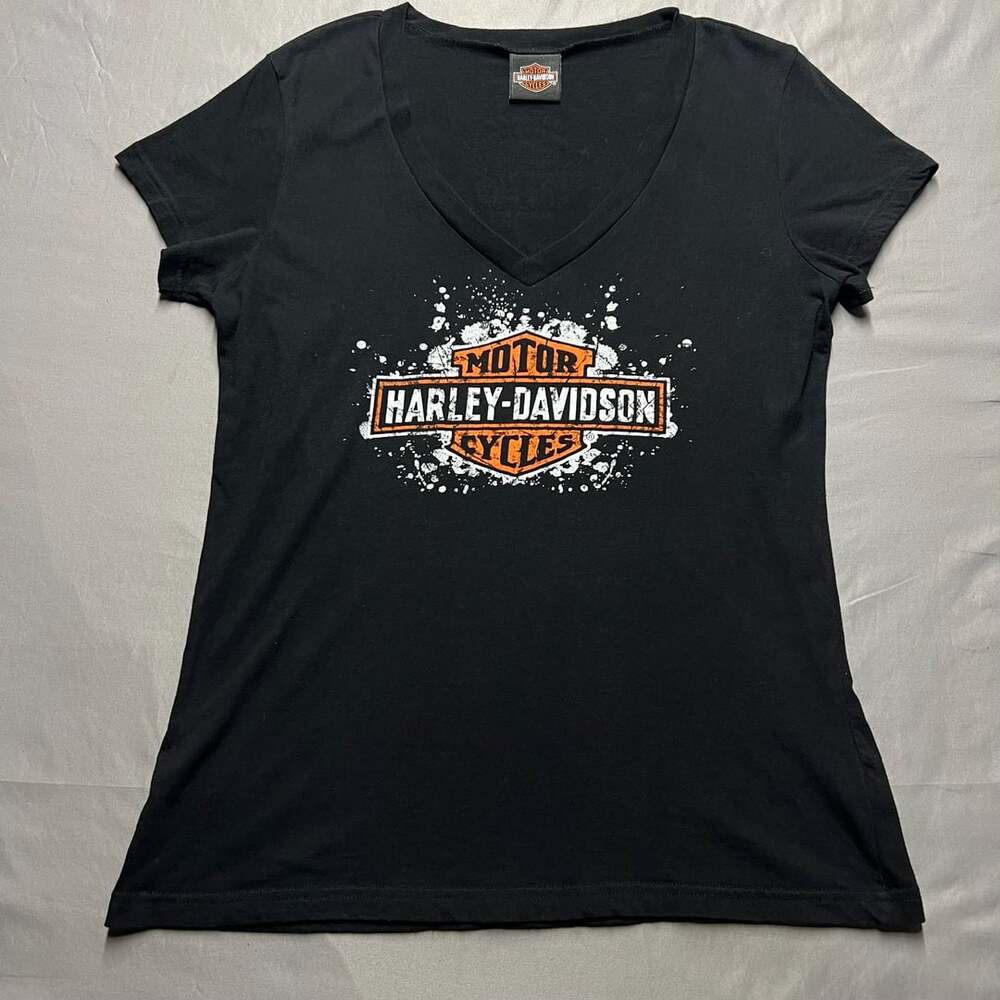 Harley-Davidson Orlando Y2K Paint Splat V-Neck T-Shirt Black Florida Graphic